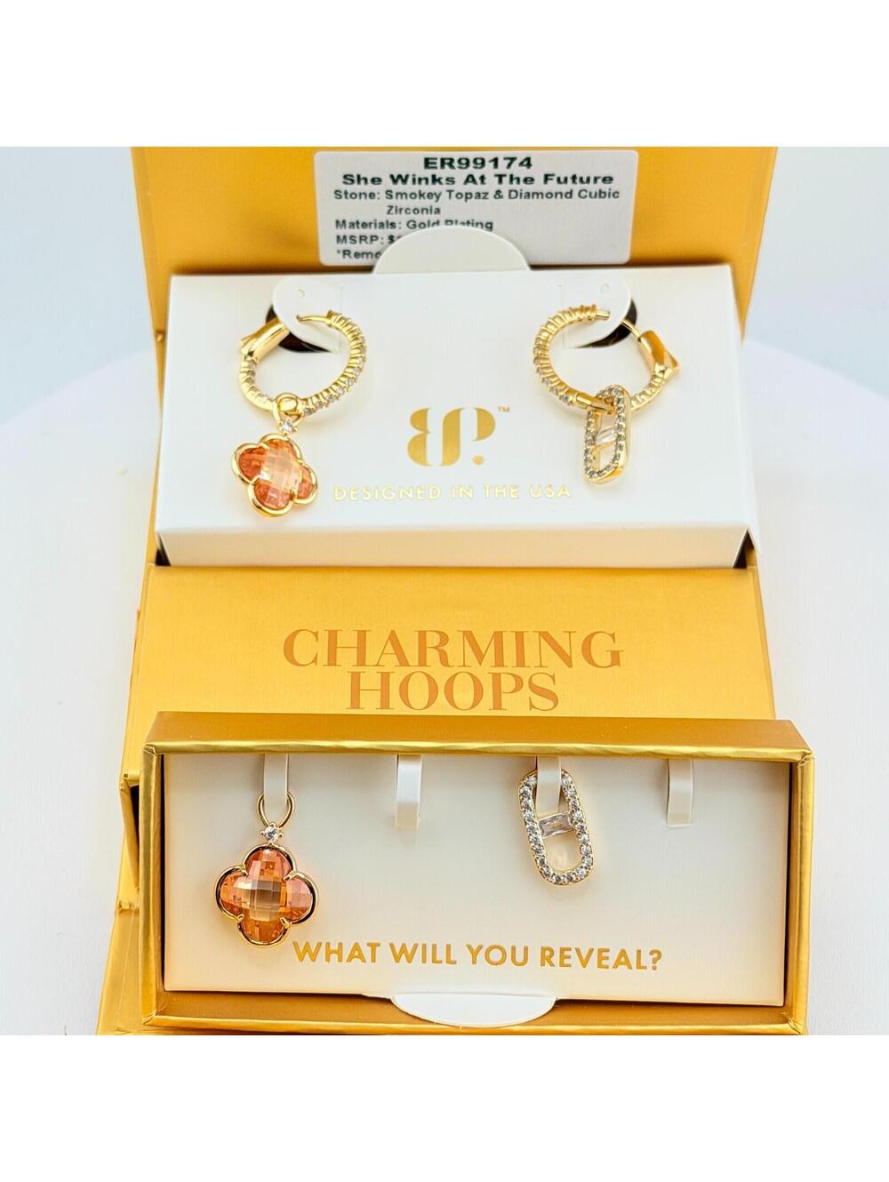 Bomb Party Charming Hoops "She Winks At The Future" Clovers Yellow Gold